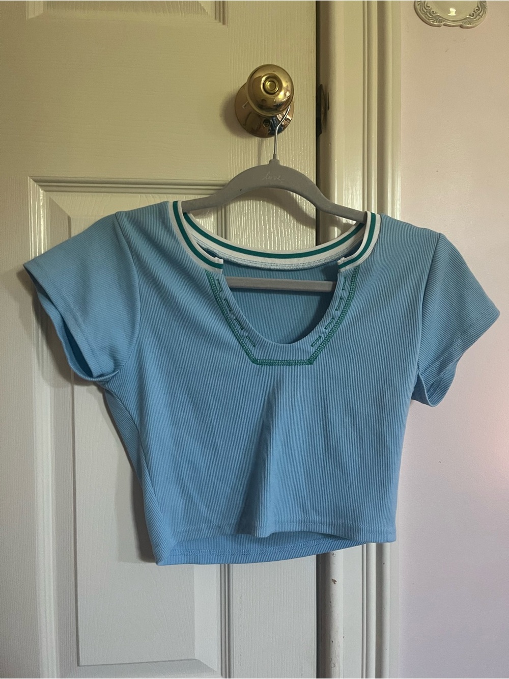 Amazon Light Blue Short Sleeve Ribbed Crop Top with Striped Neckline